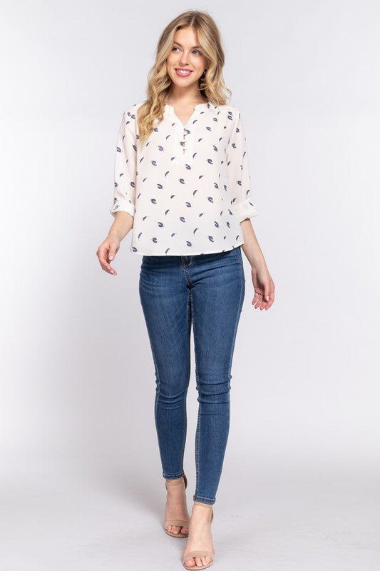 TOP TEJIDO ESTAMPADO CON CUELLO ABIERTO REDONDO 3/4 SLV