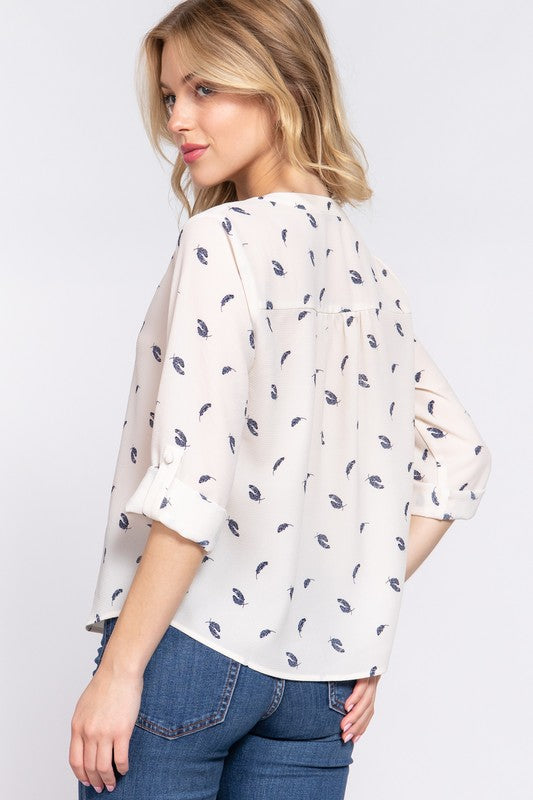 TOP TEJIDO ESTAMPADO CON CUELLO ABIERTO REDONDO 3/4 SLV