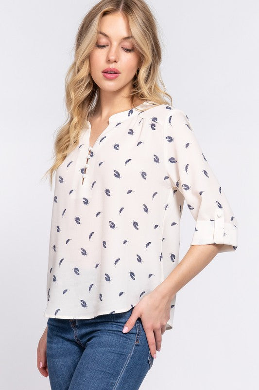 TOP TEJIDO ESTAMPADO CON CUELLO ABIERTO REDONDO 3/4 SLV