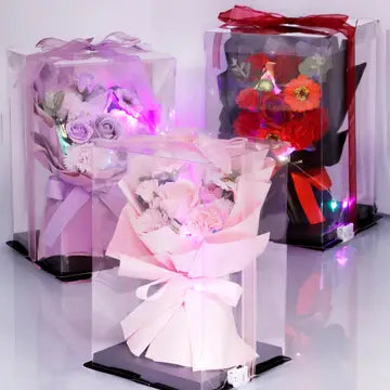 Caja de regalo con luz LED y ramo de rosas de jabón de 28 cm